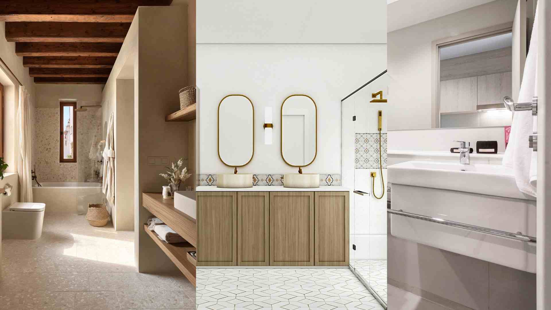 Bathroom design optimizing space with mirror cabinets and smart storage shelves. Graphics: Ha May