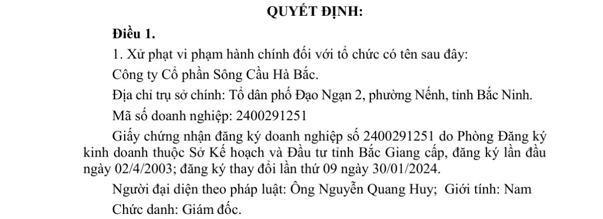 Sanction decision of Bac Ninh Provincial People's Committee against Song Cau Ha Bac Joint Stock Company. Photo: Van Truong