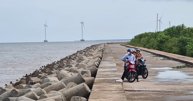 A section of the encroached dyke in Ganh Hao, Ca Mau province. Photo: Nhat Ho.