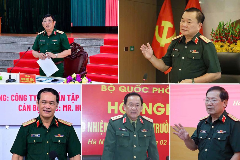 Các Thượng tướng quân đội thôi giữ chức vụ gồm: Huỳnh Chiến Thắng, Hoàng Xuân Chiến, Vũ Hải Sản, Võ Minh Lương, Lê Huy Vịnh (theo thứ tự từ trái qua phải, từ trên xuống dưới). Ảnh: Bộ Quốc phòng