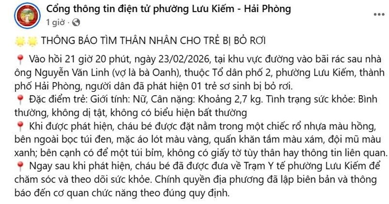 Hải Phòng: Bé gái sơ sinh bị bỏ rơi trên đường đến bãi rác