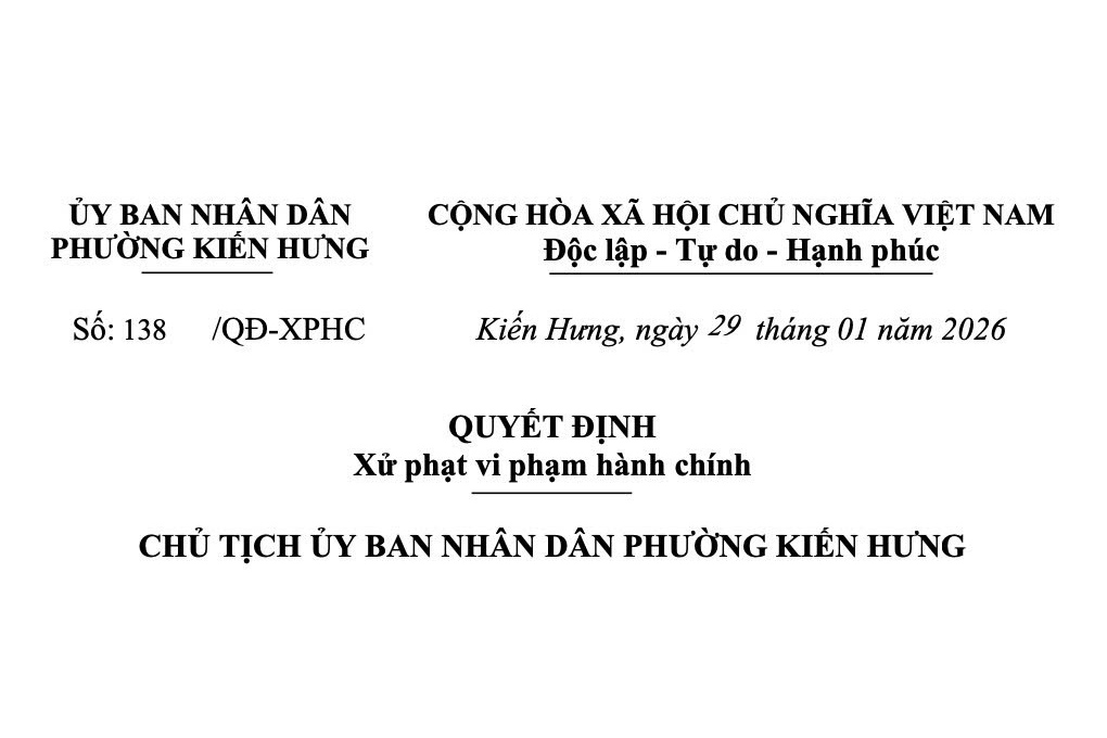 Decision on sanctioning administrative violations in the field of food safety of Kien Hung Ward People's Committee (Hanoi). Photo: Kien Hung Ward People's Committee