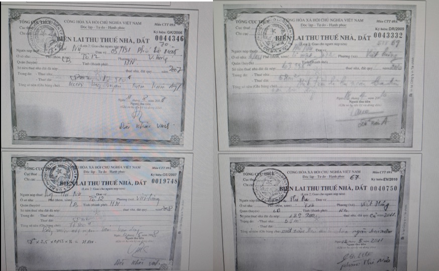 Biên lai thu thuế nhà, đất của người dân từ năm 2007 đến năm 2011. Ảnh: Người dân cung cấp