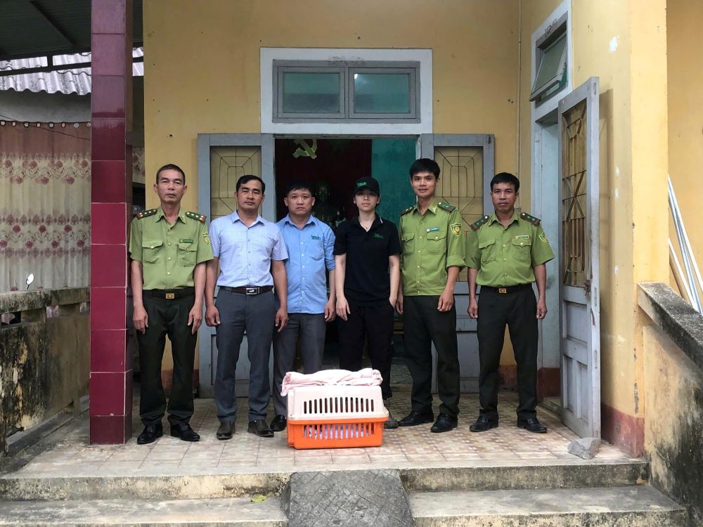 Lực lượng kiểm lâm, UBND xã Đakrông bàn giao cá thể rái cá cho đơn vị cứu hộ. Ảnh: Hưng Thơ