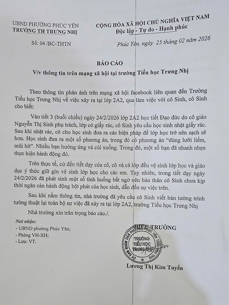 Báo cáo của Trường Tiểu học Trưng Nhị về vụ việc. Ảnh: ĐVCC.