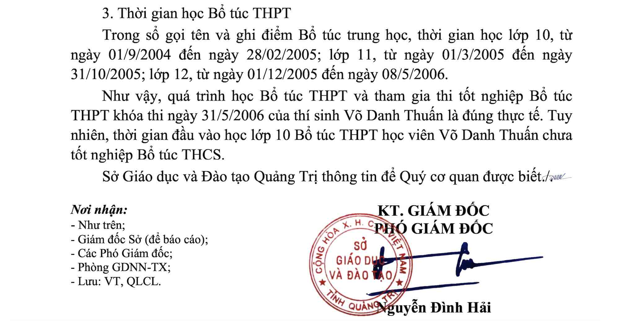 Công văn của Sở GDĐT Quảng Trị xác nhận thời gian đầu vào học lớp 10 bổ túc THPT của ông Võ Danh Thuấn chưa tốt nghiệp bổ túc THCS. Ảnh: Công Sáng