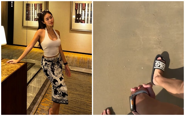 Tiên Nguyễn - Con gái tỉ phú Johnnathan Hạnh Nguyễn lựa chọn chân váy từ nhà mốt Versace trong chuyến du lịch đầu năm mới cùng chồng. Ảnh NVCC