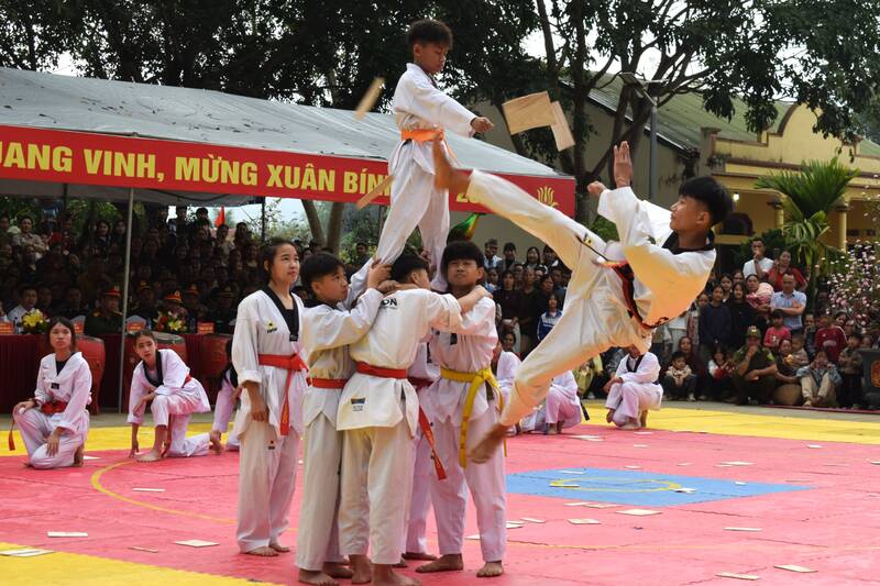 Mùa lân, múa rồng và biểu diễn võ thuật tại lễ hội. Ảnh: Trung Hải