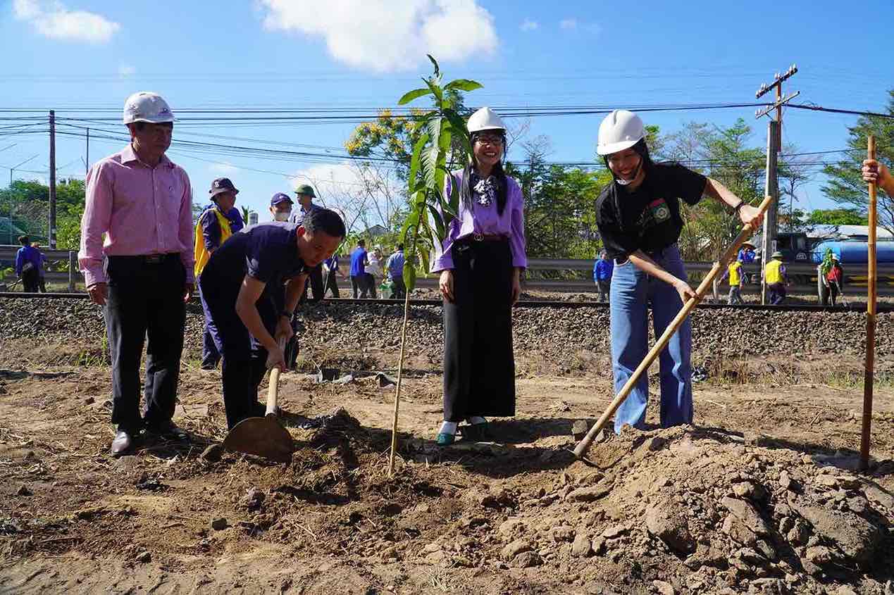 Hơn 6.000 cây xanh các loại như: Bằng lăng, Giáng hương, Chuông vàng, Bọ cạp vàng… đã được trồng dọc hành lang đường sắt. Ảnh: HAC