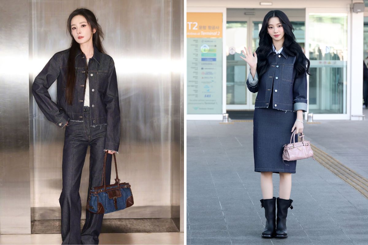 Dương Mịch “đụng đồ” mặc sân bay với Karina (aespa). Ảnh: Lotte