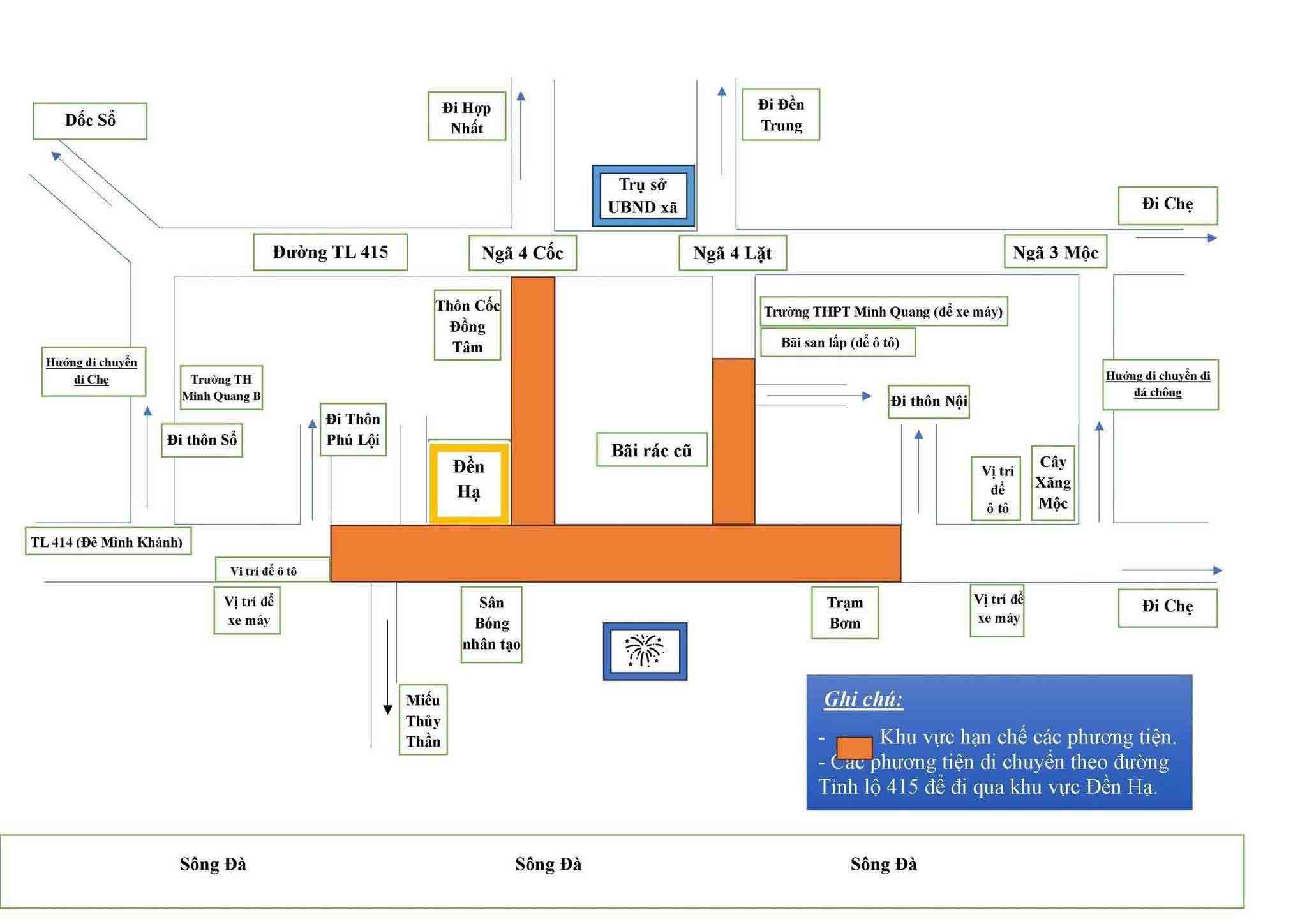 Khu vực hạn chế phương tiện và các vị trí tập kết phương tiện. Ảnh: UBND xã Ba Vì   