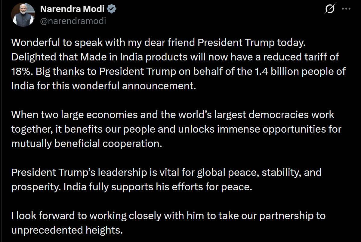 Bài đăng trên mạng X của Thủ tướng Modi