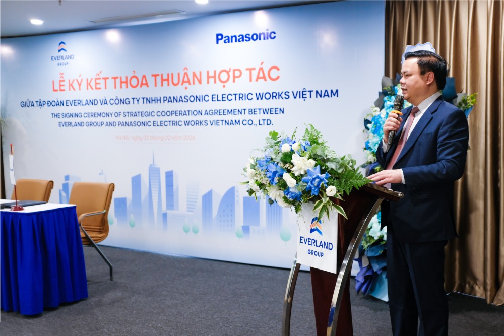 Ông Lê Đình  Vinh – Chủ tịch HĐQT Tập đoàn Everland chia sẻ định hướng, chiến lược của Everland khi ký kết với các đối tác uy tín với mục tiêu nâng cao chất lượng các dự án bất động sản Tập đoàn đầu tư và phát triển. Ảnh: Everland Group