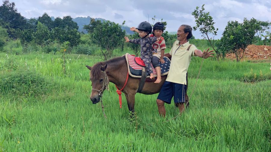 Ông Nghĩa cùng các cháu tập cưỡi ngựa. Ảnh: KHƯƠNG QUỲNH