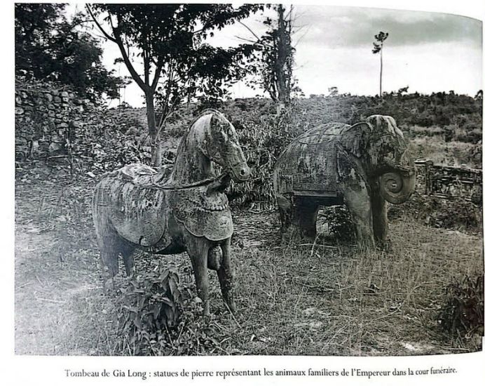 Statues of horses and stone elephants at Gia Long Mausoleum - Hue. Photo by French female photographer Anne Garde, taken in the early 1990s.