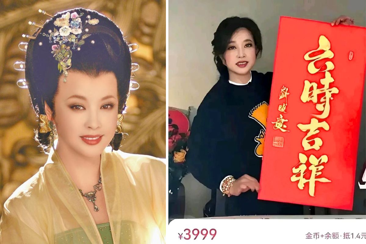 Actress Luu Hieu Khanh livestreams selling calligraphy written by herself. Photo: cut from video