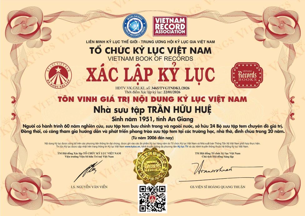 Kỷ lục của cá nhân nhà sưu tập tem Trần Hữu Huệ. Ảnh: Văn Thu