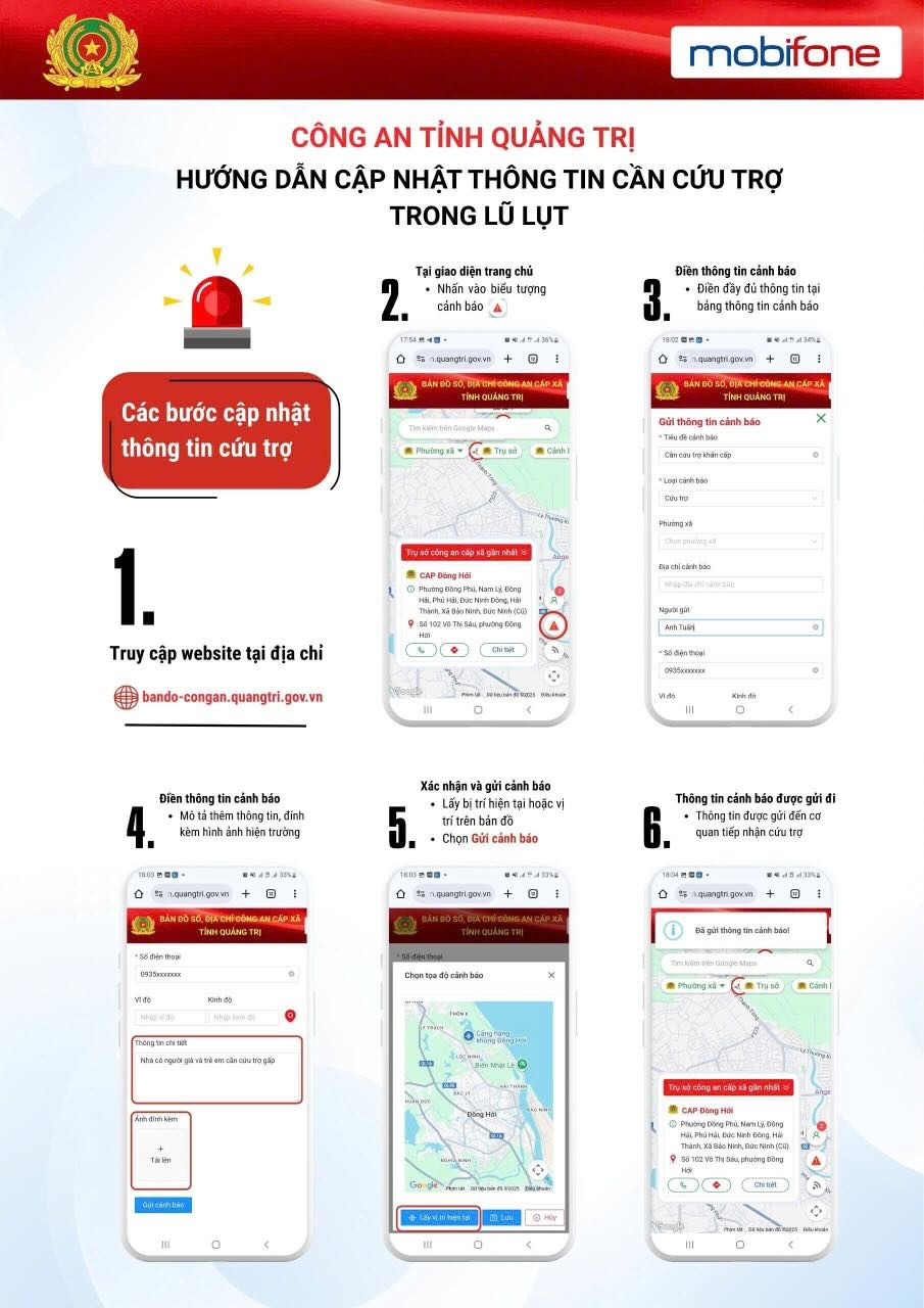 Hướng dẫn người dân cập nhật cảnh báo cứu trợ trong thiên tai, lũ lụt lên hệ thống bản đồ số. Ảnh: Công an tỉnh Quảng Trị