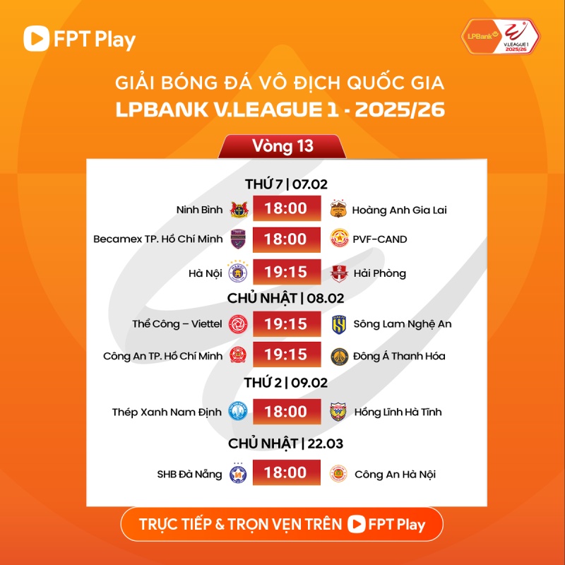 Lịch thi đấu vòng 13 V.League 2025-2026. Ảnh: FPT Play