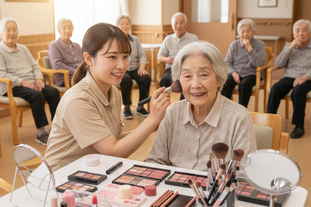 Elderly care services such as makeup and skin care are increasingly developing at nursing homes in Japan. Photo: AI