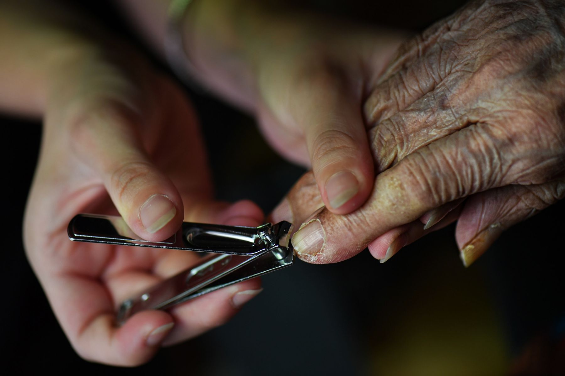 Cắt móng tay cho bà. Ảnh: Việt Văn