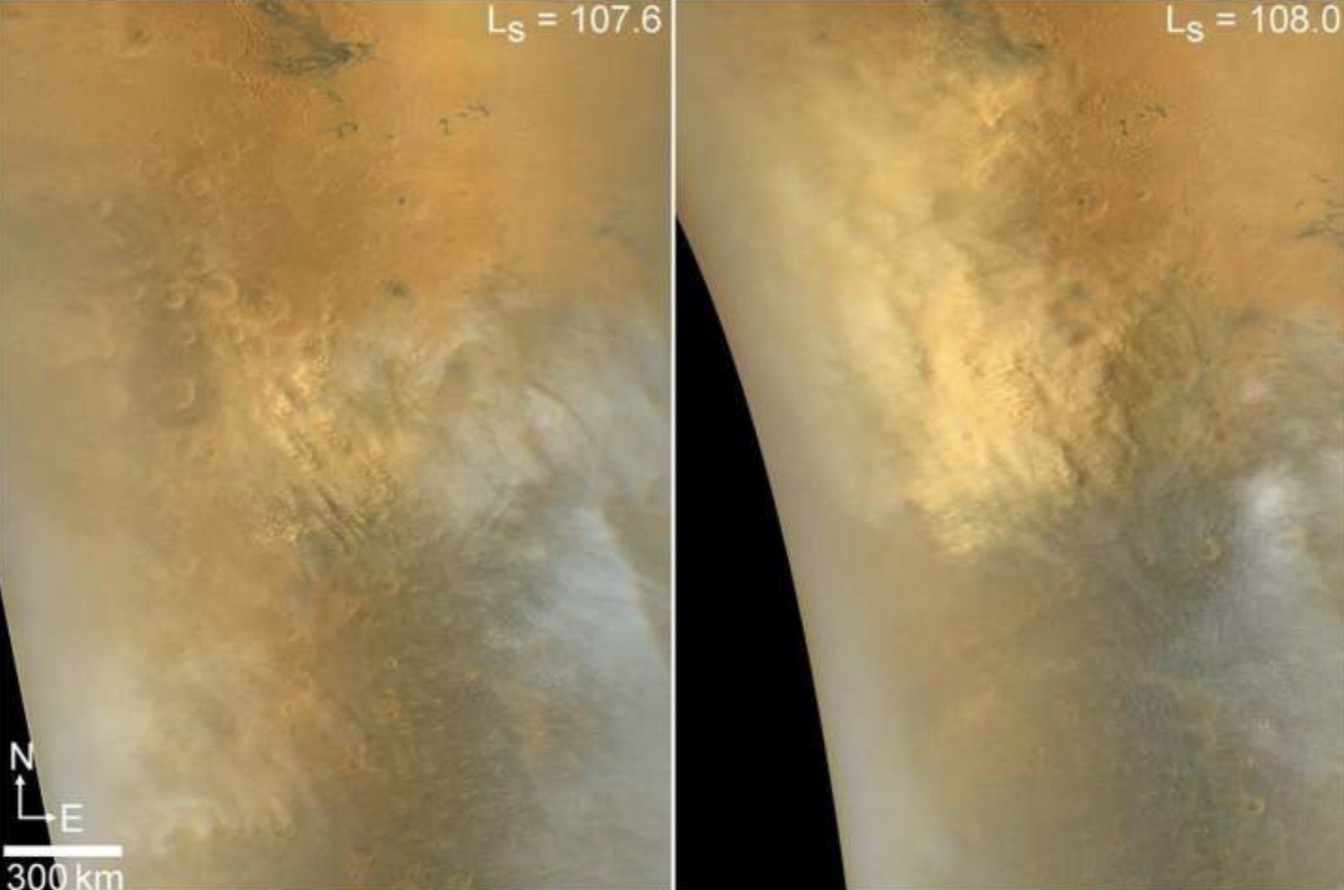 The development of a Mars dust storm in 2023. Photo: Communications Earth & Environment