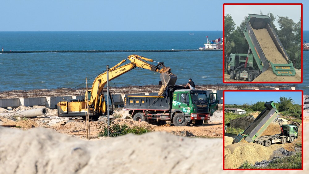 Illegal sand trucks rumble out of seaport in Quang Tri. Photo: Hung Tho