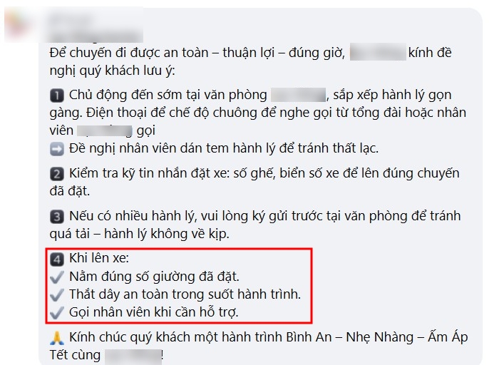 Một số nhà xe đăng thông báo lên mạng xã hội để hành khách lưu ý trong quá trình di chuyển. Ảnh chụp màn hình