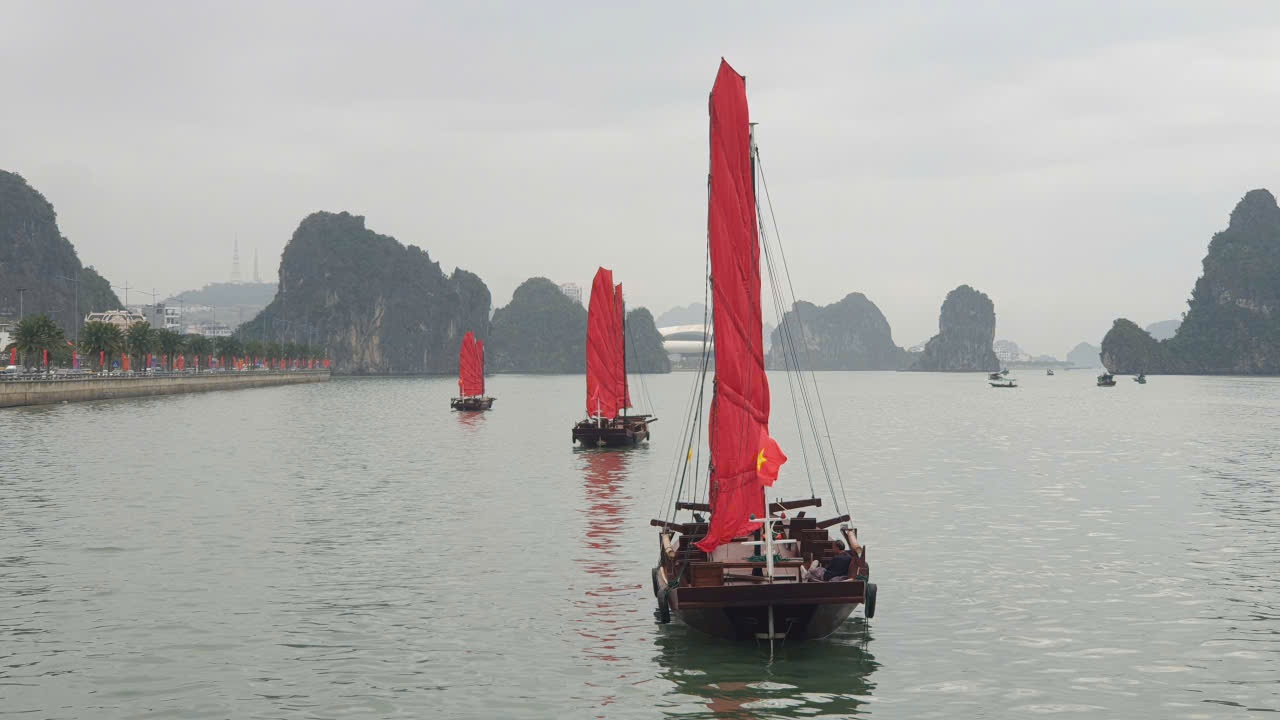 Những chiếc thuyền buồm ba vách chạy ngược gió này sẽ chạy ven bờ vịnh Hạ Long từ nay tới hết mồng 6 Tết. Ảnh: Nguyễn Hùng