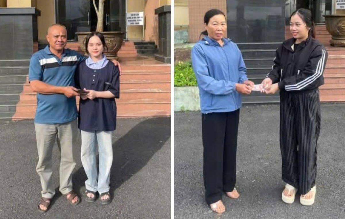 Two girls return their wallets and found money to the person who dropped them. Photo: Vinh Linh Commune Police