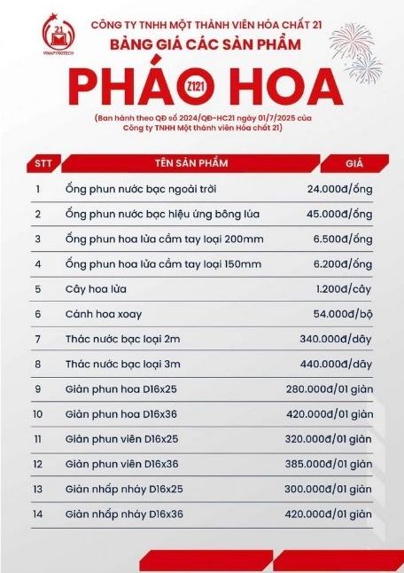 Bảng giá niêm yết pháo hoa Z121 được Hội 