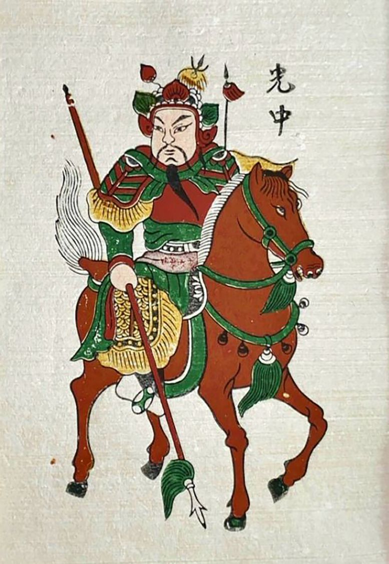 Vua Quang Trung cưỡi chiến mã được khắc họa trên tranh dân gian Đông Hồ. Ảnh: Kim Sơn