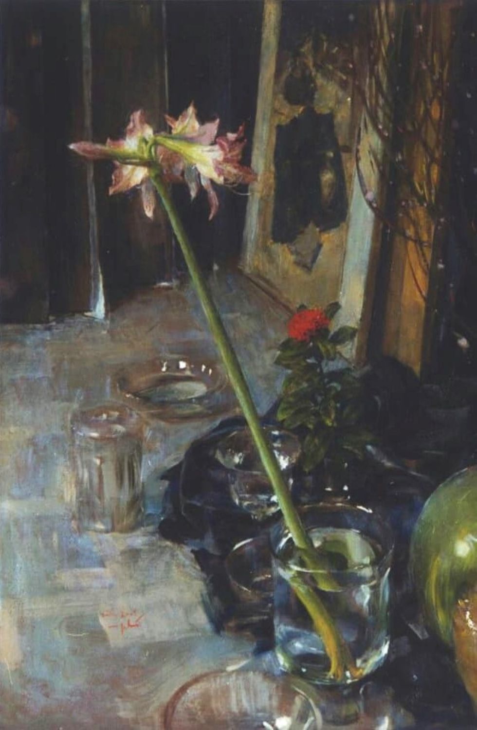 Tác phẩm “Loa kèn đỏ - mẫu đơn đỏ“, sơn dầu, 2001, họa sĩ Trần Việt Phú.  Ảnh: Ngọc Đông