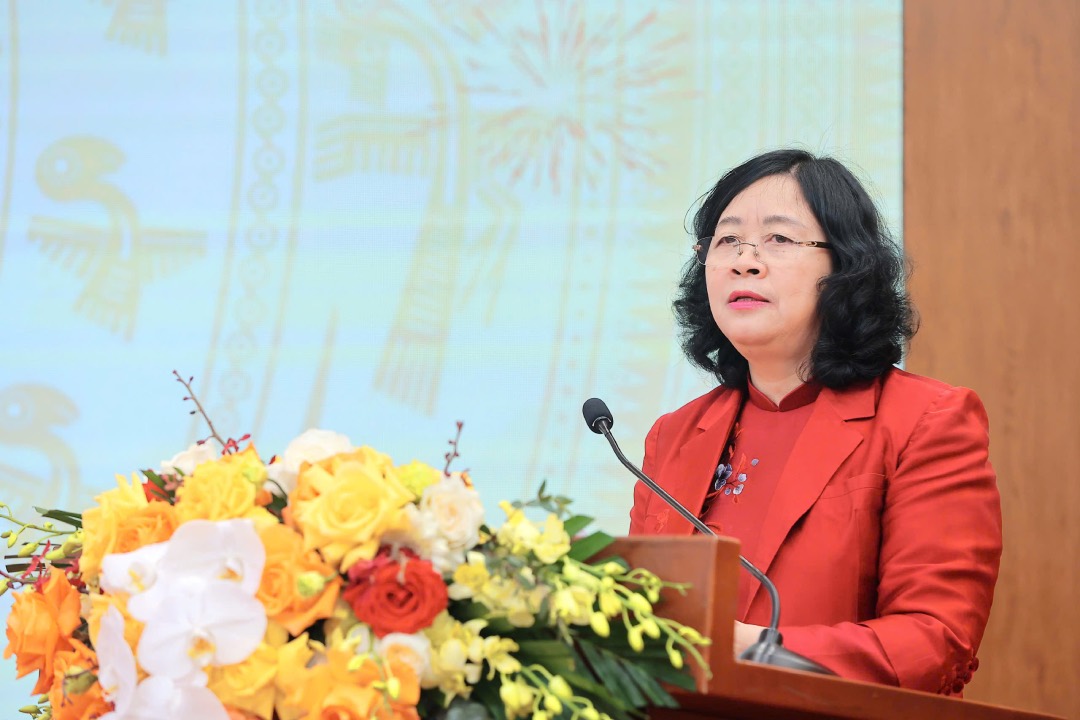 Chairman of the Central Committee of the Vietnam Fatherland Front Bui Thi Minh Hoai affirmed that the Party and State always pay special attention and care to compatriots abroad. Photo: Hoai Nam