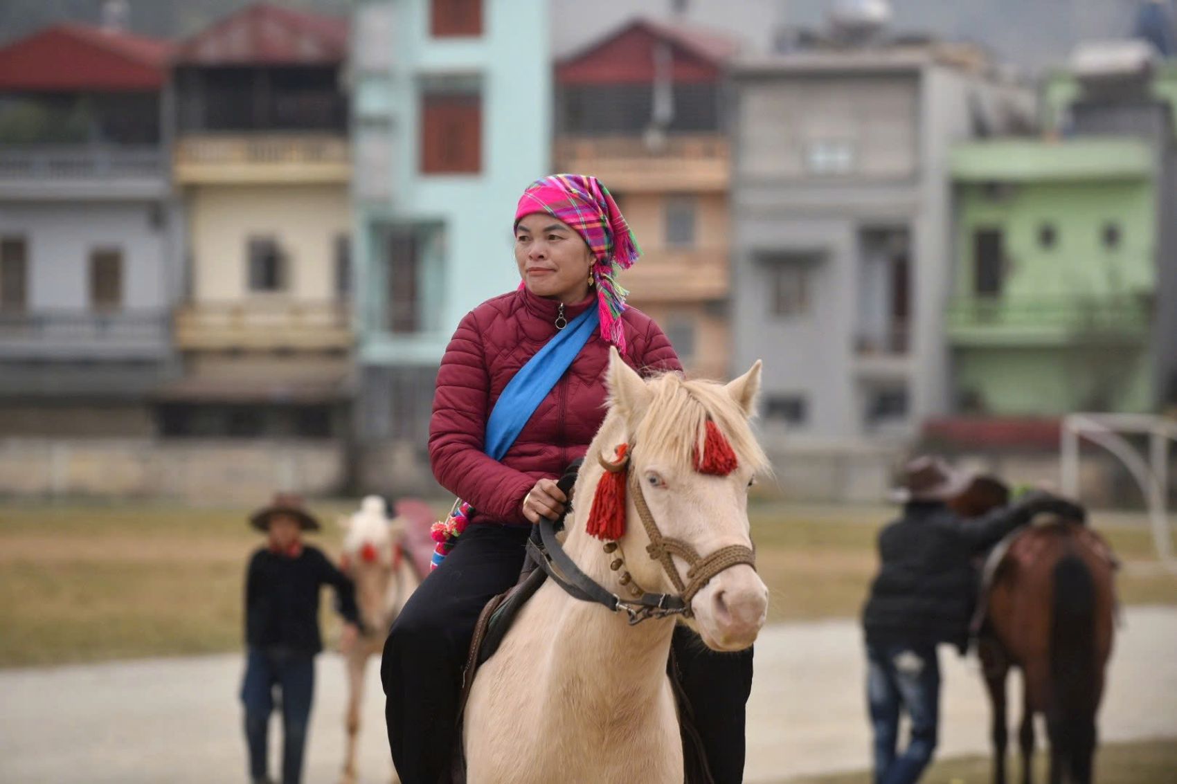 Ngựa được người dân Bắc Hà dắt đến sân không phải để đua mà là làm du lịch. Ảnh: Kỳ Lâm
