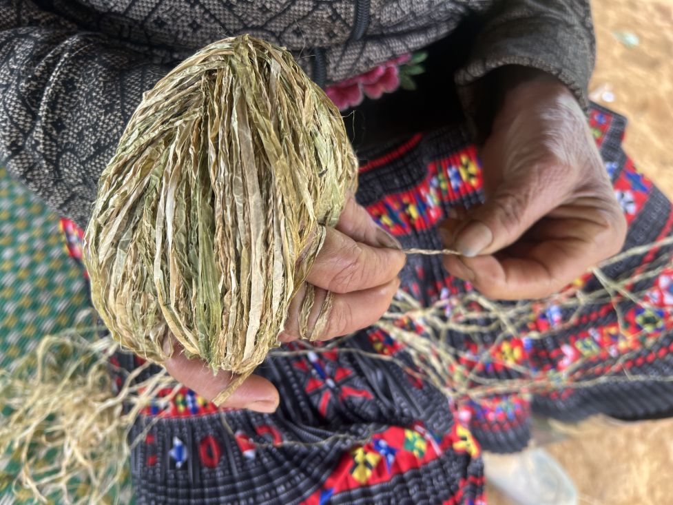 Đôi bàn tay gân guốc của bà cụ người H’Mông se sợ lanh để dệt váy mặc ngày Tết. Ảnh: Kiều Vũ