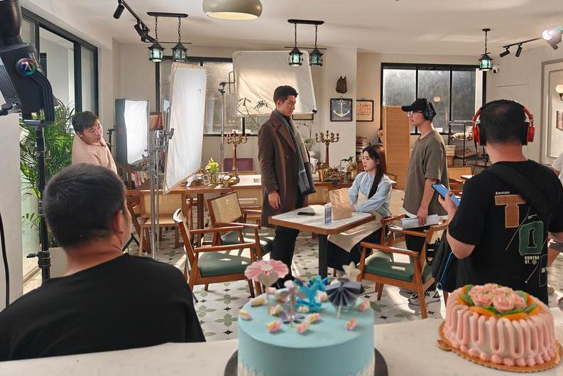 Behind the scenes of a short film in Shanghai, China. Photo: Xinhua News Agency