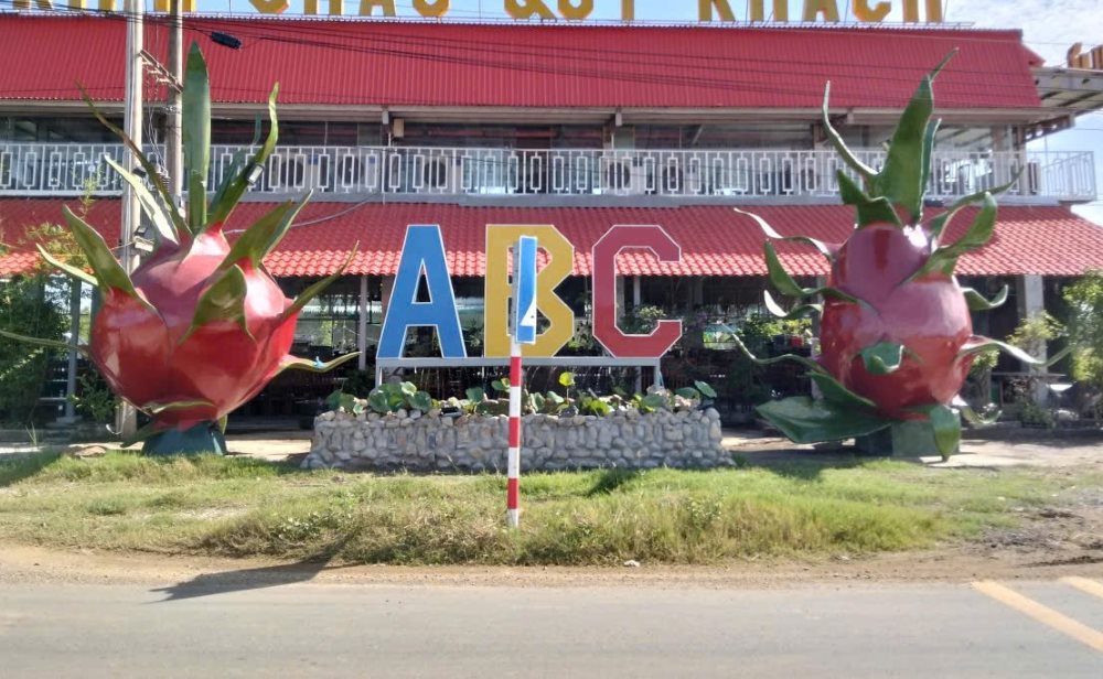 2 quả thanh long trước nhà hàng trên đường dẫn vào cao tốc Phan Thiết - Dầu Giây. Ảnh: Duy Tuấn