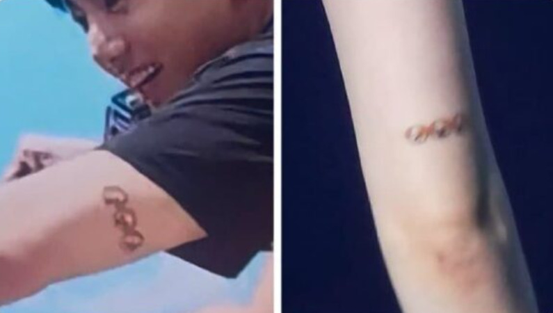 Hình xăm giống nhau giữa Winter (aespa) và Jungkook (BTS). Ảnh cắt từ video.