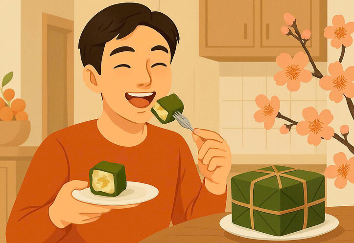 Small tips to help eat banh chung on Tet without worrying about heartburn and bloating. Graphics: Huong Giang