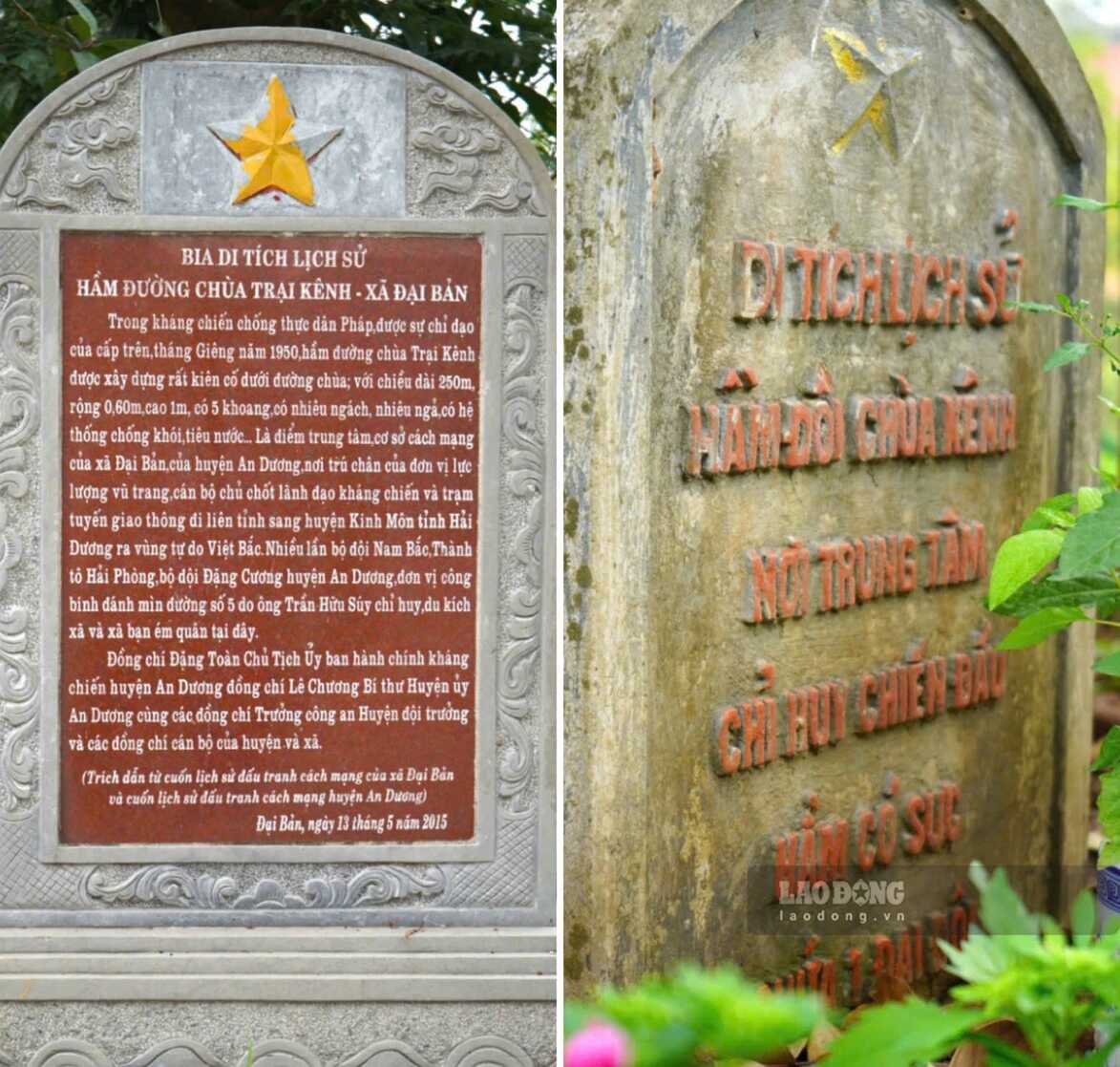 Bia di tích trong khuôn viên chùa Hương Sơn. Ảnh: Mai Dung