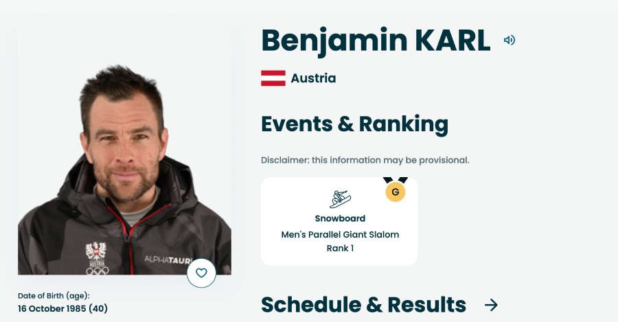 Benjamin Karl wins the 2026 Winter Olympics gold medal at age 40. Photo: Olympic homepage