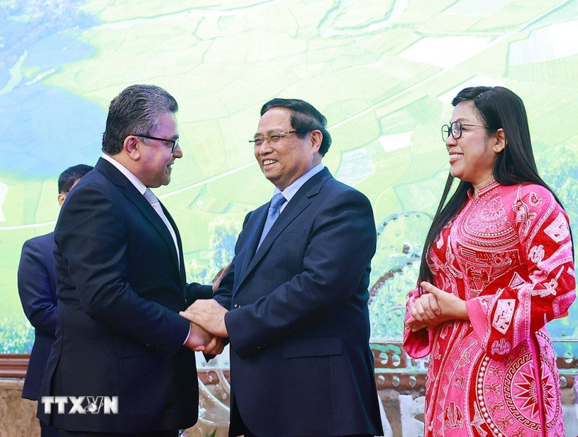 Prime Minister Pham Minh Chinh and his wife welcome Ambassadors, Chargé d'Affaires, Heads of Representatives of International Organizations in Hanoi and their spouses. Photo: VNA