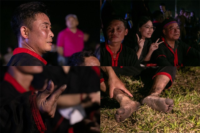 Kết thúc buổi biểu diễn nhảy lửa. Nghệ nhân nhảy lửa người Pà Thẻn lấm lem than tro khắp người nhưng vẫn được người dân vây quanh, xin chụp ảnh kỷ niệm. Ảnh: Minh Dân