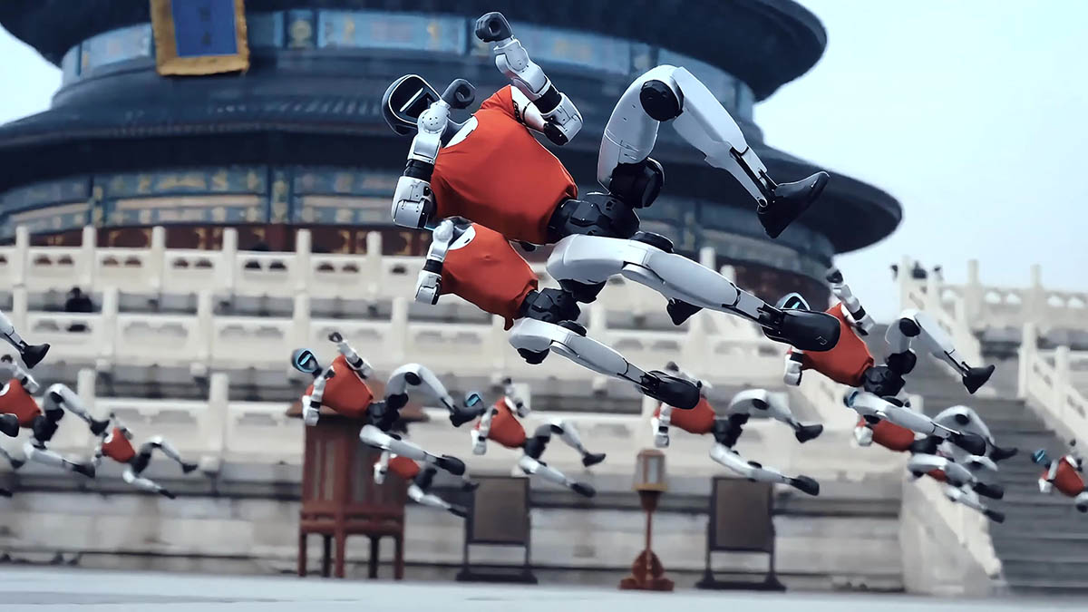 Human-shaped robot of Unitree Robotics Company (China) performing martial arts in Tiandan, Beijing. Photo: Unitree Robotics