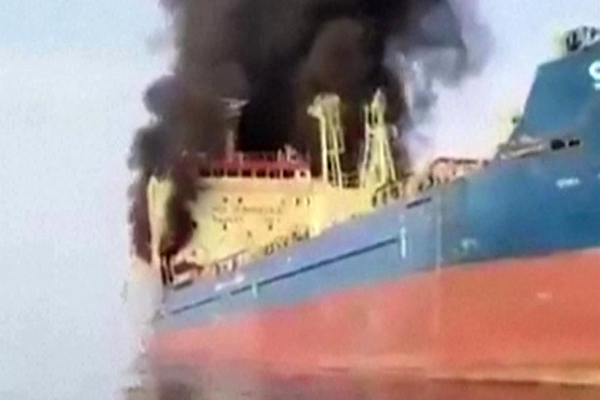 Skylight oil tanker flying the Palau flag bursts into flames after being hit off the coast of Oman on March 1, 2026. Photo: AFP