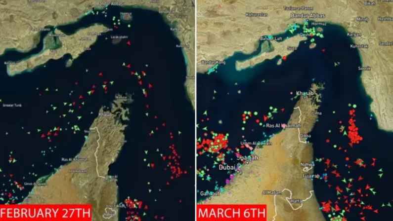 Bản đồ vệ tinh cho thấy hoạt động vận chuyển hàng hóa qua eo biển Hormuz ngày  đã gần như ngừng lại kể từ khi Iran tuyên bố đóng cửa tuyến đường vận chuyển quan trọng này. Ảnh: Marine Traffic
