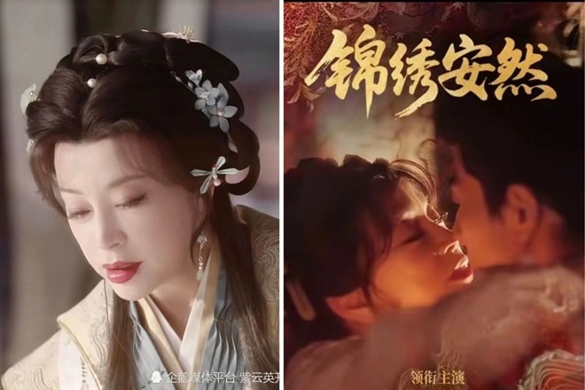 Lưu Hiểu Khánh ở tuổi U80 vẫn đóng vai thiếu nữ, thực hiện cảnh hôn với bạn diễn kém 38 tuổi. Ảnh cắt từ phim.