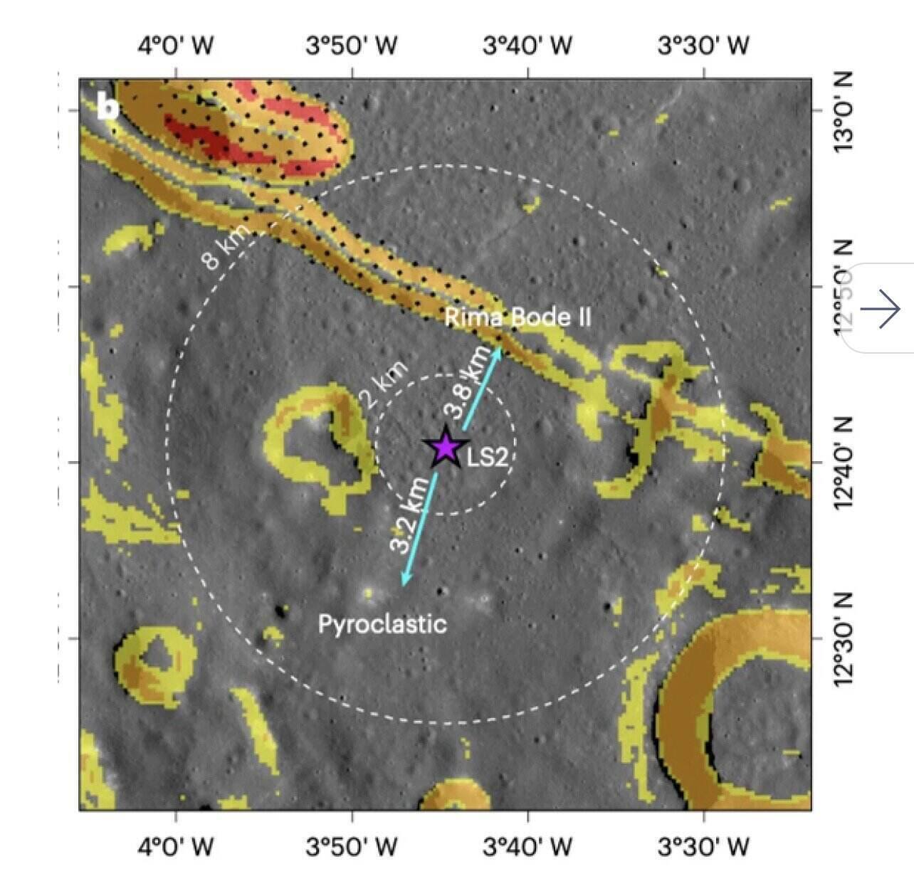 Ngôi sao tím đánh dấu điểm đổ bộ LS2 tại vùng Rimae Bode, nơi Trung Quốc dự định triển khai các vũ khí công nghệ không gian để khai phá tài nguyên vào năm 2030. Ảnh: Nature Astronomy.