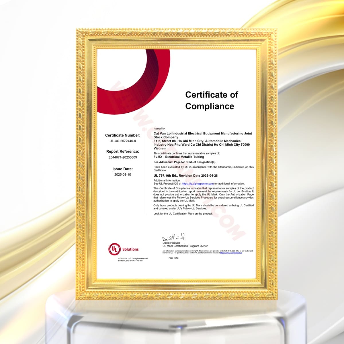 Giấy chứng nhận UL 797 cho Ống thép luồn dây điện EMT do Cát Vạn Lợi sản xuất đạt chứng nhận. Ảnh: Cát Vạn Lợi